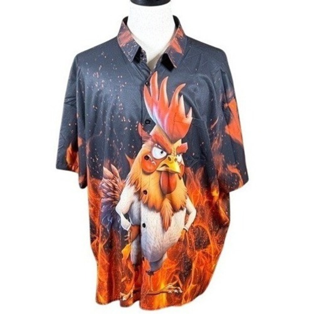 Hardaddy Mens 3XL Rooster Fire Graphic Short Sleeve Button Down Shirt 1499162#